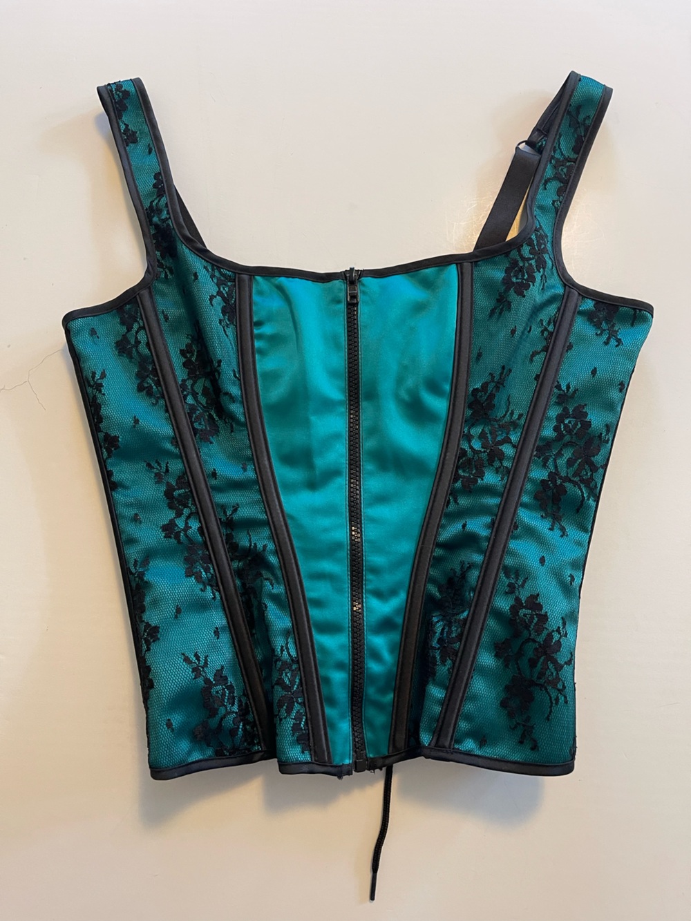 Vintage Teal Satin Black Lace Square Neckline Overbust Corset L